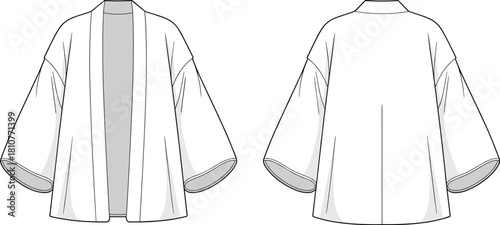 Front and back kimono cardigan flat sketch, wide sleeve outerwear fashion design, traditional clothing technical vector illustration, minimal garment outline, cad drawing flat vector illustration