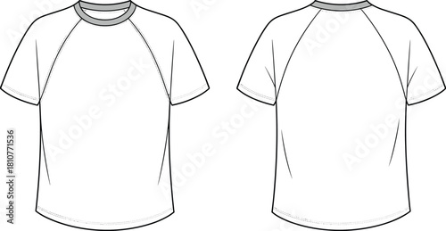 Front and back short sleeve raglan t-shirt flat sketch, casual wear clothing technical drawing, fashion apparel design template, cad drawing flat vector illustration
