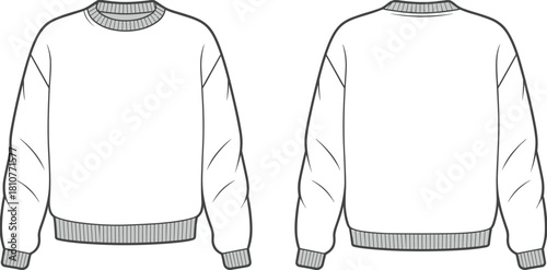 Front and back sweatshirt flat sketch, long sleeve pullover fashion template, casual winter apparel technical drawing, vector clothing design outline, cad drawing flat vector illustration