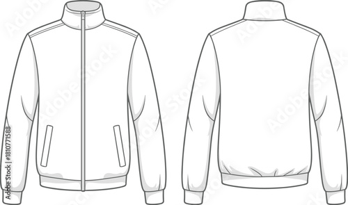 Front and back track jacket flat sketch, fashion technical drawing, unisex sportswear vector template, zipper sweatshirt illustration, cad drawing flat vector illustration