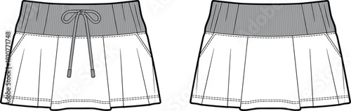 Girls pleated active skort with elastic waistband and drawcord pockets technical flat front and back template for sewing, cad drawing flat vector illustration