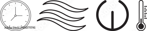 Collection of Outline Icons: Clock, Airflow, Power, and Thermometer Symbols