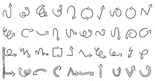 Arrow vector line set. Charcoal hand drawn pencil arrows. Doodle curved chalk darts. brush sketch arrow line curve up, down shape chalk texture element set. Abstract grunge scribble chalk crayon styl