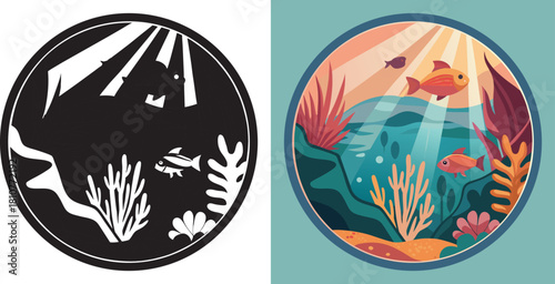 Vibrant underwater scene with colorful fish, coral reefs, and sunbeams filtering through ocean waves creating a peaceful aquatic sanctuary.