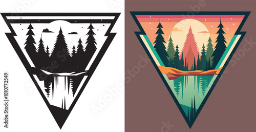 Stunning sunset over tranquil lake with pine forest reflections, capturing serene wilderness adventure and outdoor escape vibes for travel marketing