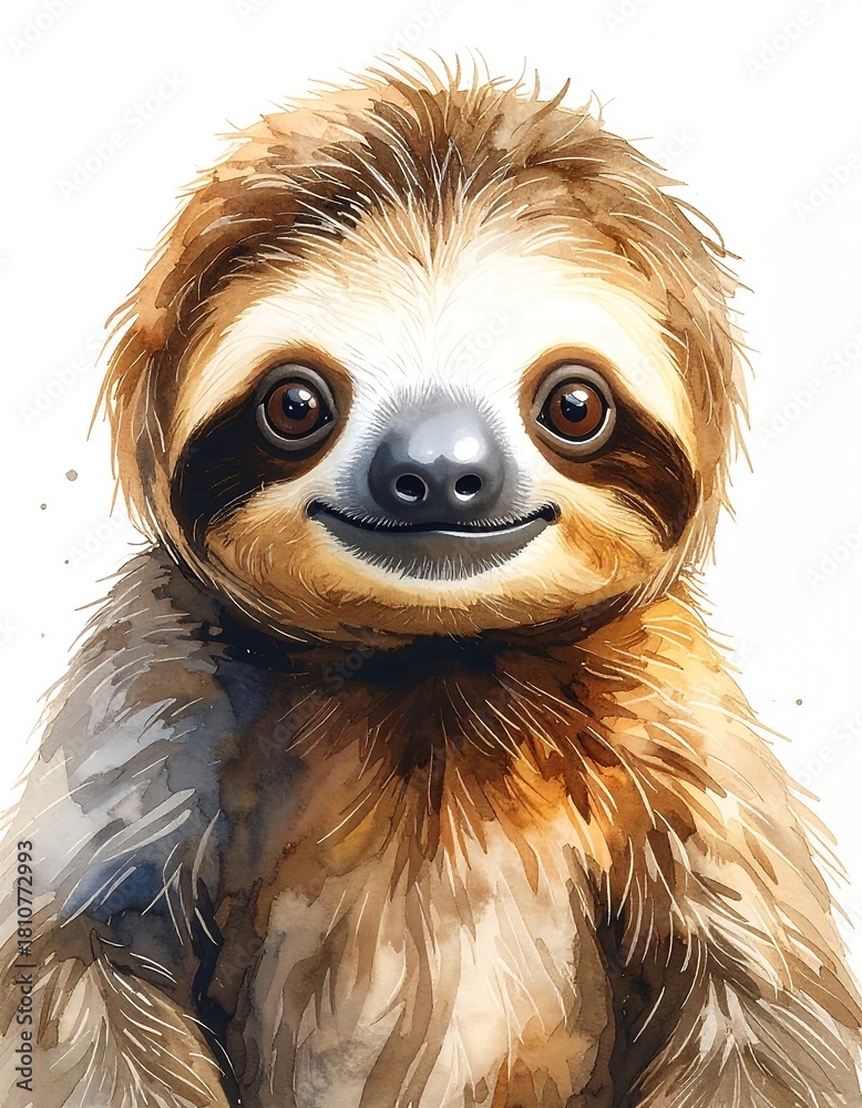 Naklejka premium A charming, close-up portrait of a sloth with adorable features, showcasing brown fur, kind eyes, and a gentle smile against a white background