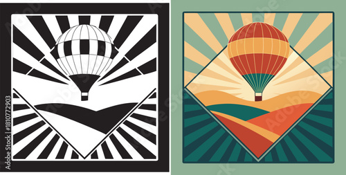 Stunning vintage hot air balloon ascends over rolling hills under a radiant sunburst creating a feeling of adventure and freedom