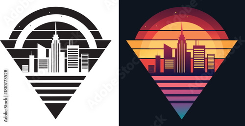Retro cityscape sunset with vibrant gradient sky and geometric architectural shapes, perfect for modern designs