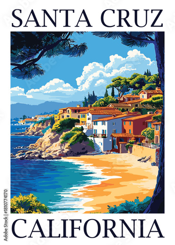 Vintage Santa Cruz California travel poster vector, colorful town houses built along a dramatic coastal cliff overlooking a secluded beach.