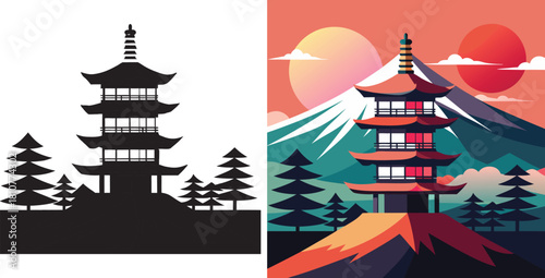 Stunning Japanese pagoda nestled amidst vibrant mountains and a serene sunset, evoking tranquility and cultural richness for travel and design projects