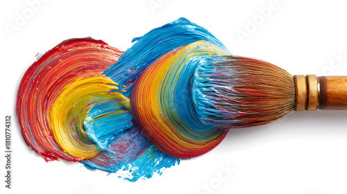 Colorful Paint Swirls with Brush on White Background Ideal for Art Projects, Creative Concepts, and Artistic Endeavors, Showcasing Vibrant Pigments and Textures