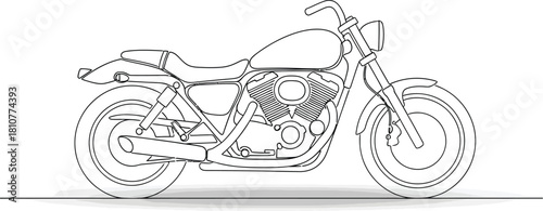 Line art illustration of a classic motorcycle isolated on white background, showcasing its design and mechanical components in a minimalist style