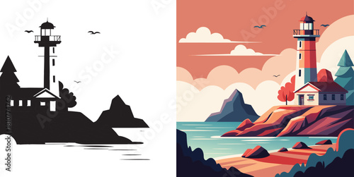 Stunning coastal lighthouse scene with vibrant sunset colors illuminating the ocean and rugged landscape