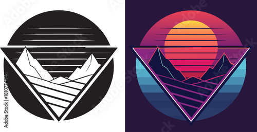 Stunning retro wave mountain sunset graphic evoking adventure and nostalgia, perfect for vibrant digital and print designs.