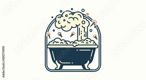A whimsical illustration of a bathtub overflowing with creamy bubbles and floating ice cream cones, in a playful cartoon style.