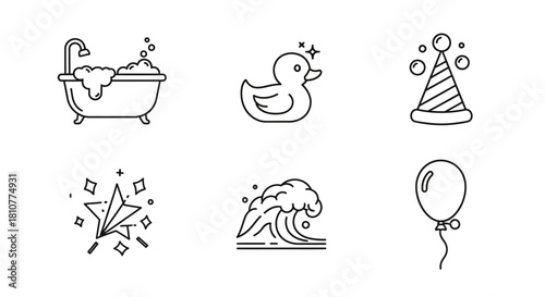 Collection of six simple line art illustrations depicting various objects and elements.