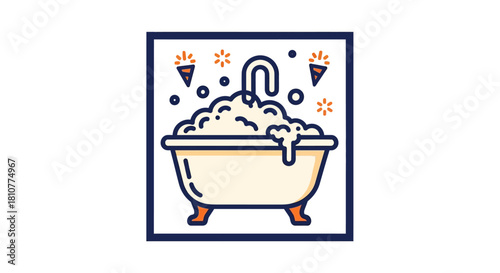 A festive vector illustration of a vintage clawfoot bathtub overflowing with sparkling soap bubbles.