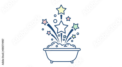 Whimsical illustration of a bathtub overflowing with sparkling bubbles and colorful stars, representing a magical bath experience.