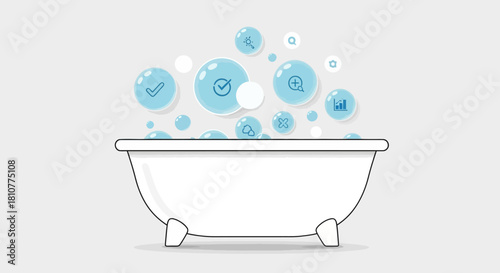 A white bathtub filled with water and bubbles containing various business and data-related icons, symbolizing data cleansing or quality.