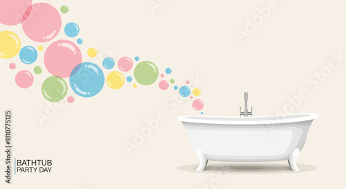 Bathtub Party Day illustration with bubbles and a white tub.