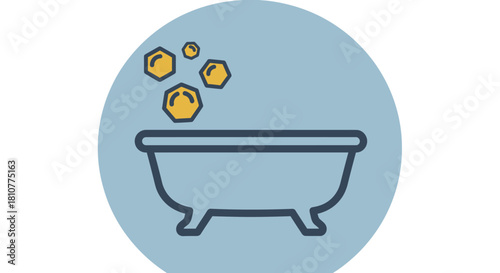 Clawfoot bathtub icon with geometric bubbles on a blue circular background.