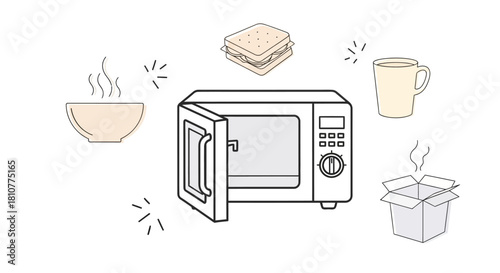 Microwave oven with food items around it, line art illustration.