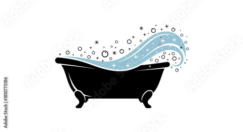 Illustration of a black bathtub with bubbles and a wave of water.