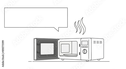 A simple black and white line drawing of an open microwave oven with steam rising from inside and a blank speech bubble.