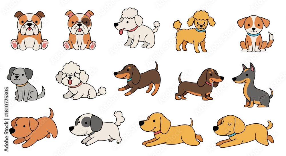 Obraz premium Cute Dogs Doodle Vector Set – Cartoon Puppy Characters, Funny Pet Animal Designs, and Playful Illustration Collection on White Background