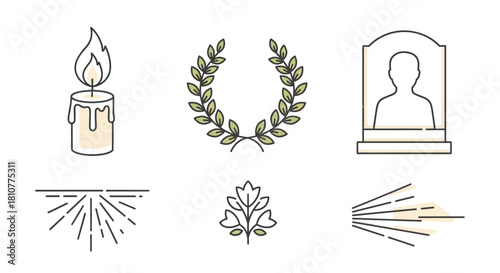 Six line art icons representing remembrance, memorial, and mourning, including a candle, wreath, and tombstone.