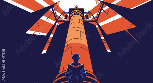 A solitary figure sits thoughtfully with an open book, gazing up at a towering historical monument illuminated by abstract, radiating wings of knowledge.