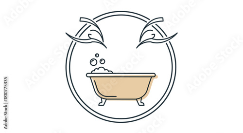 Bathtub with bubbles inside a circle with decorative elements above.