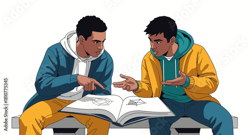 Two young men in casual hoodies intently discuss geometric designs in a sketchbook, fostering collaborative learning and creative problem-solving.