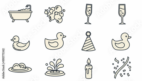 A set of hand-drawn doodle icons for bath time and parties, including a bathtub, rubber ducks, champagne, and confetti.