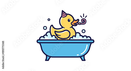 A cheerful cartoon rubber duck wearing a party hat and blowing a party horn in a bubbly blue bathtub.