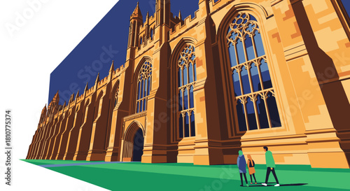 A dramatic illustration of a majestic historic stone building, showcasing intricate Gothic architecture, towering arched windows, and figures on a green lawn.