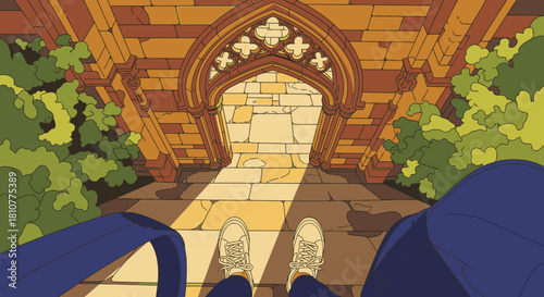 A first-person perspective reveals feet on a sunlit stone path, leading towards an ornate gothic entrance, inviting exploration and new beginnings.