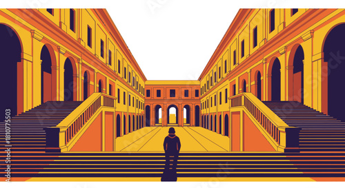 A solitary person observes the impressive, symmetrical architecture of a historic European-style palace, featuring elegant arches and a deep, inviting perspective.