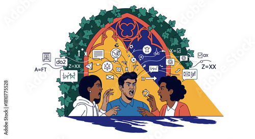 Three diverse individuals engage in a dynamic intellectual debate, surrounded by swirling mathematical equations and technological concepts within an academic archway.