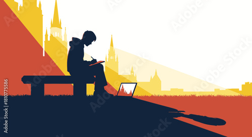 A solitary student sits on a park bench, diligently writing in a notebook next to a laptop, against a vibrant urban skyline.