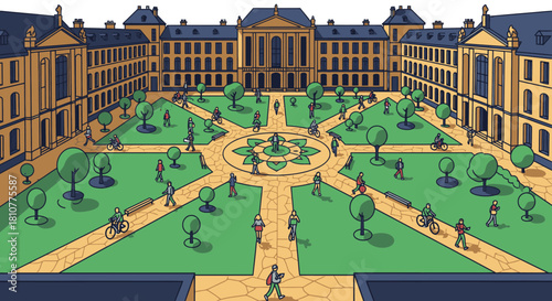 An intricately detailed illustration showcases a bustling European-style palace or university courtyard, filled with diverse people enjoying the green spaces and classical architecture.