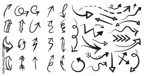 Arrow vector line set. Charcoal hand drawn pencil arrows. Doodle curved chalk darts. brush sketch arrow line curve up, down shape chalk texture element set. Abstract grunge scribble chalk crayon styl