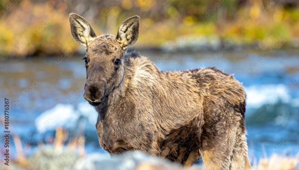 Fototapeta premium A young moose stands near a flowing river, looking directly at the camera with a blurred background of autumn foliage.