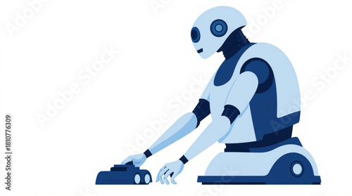 Modern robot working on a futuristic device with blue accents