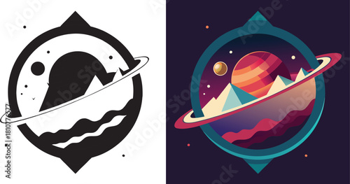 Vibrant abstract planet landscape with rings and mountains evoking wonder and exploration, perfect for cosmic themes and futuristic designs.