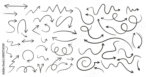 Arrow vector line set. Charcoal hand drawn pencil arrows. Doodle curved chalk darts. brush sketch arrow line curve up, down shape chalk texture element set. Abstract grunge scribble chalk crayon styl