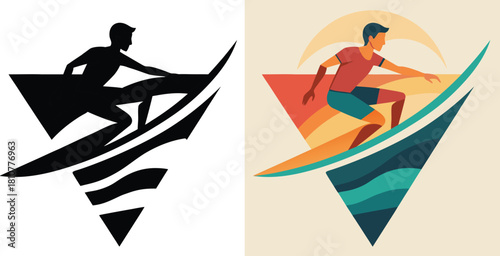 Dynamic surfer carving a vibrant wave under a stylized sun, capturing the exhilarating spirit of surf culture and adventure.