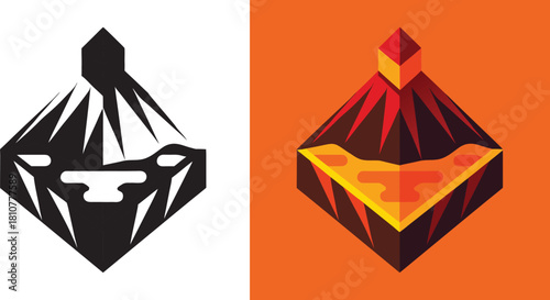 Dynamic abstract volcano eruption with flowing lava and mountain peaks, modern geometric design, powerful natural force illustration