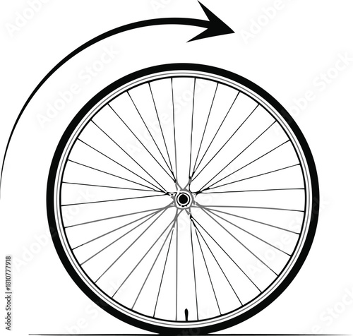 Illustration of a bicycle wheel with an arrow indicating rotation isolated on white background, perfect for cycling or movement concepts