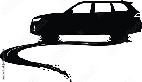Silhouette of a modern car driving on a road with a splash effect isolated on white background, ideal for automotive or travel themes